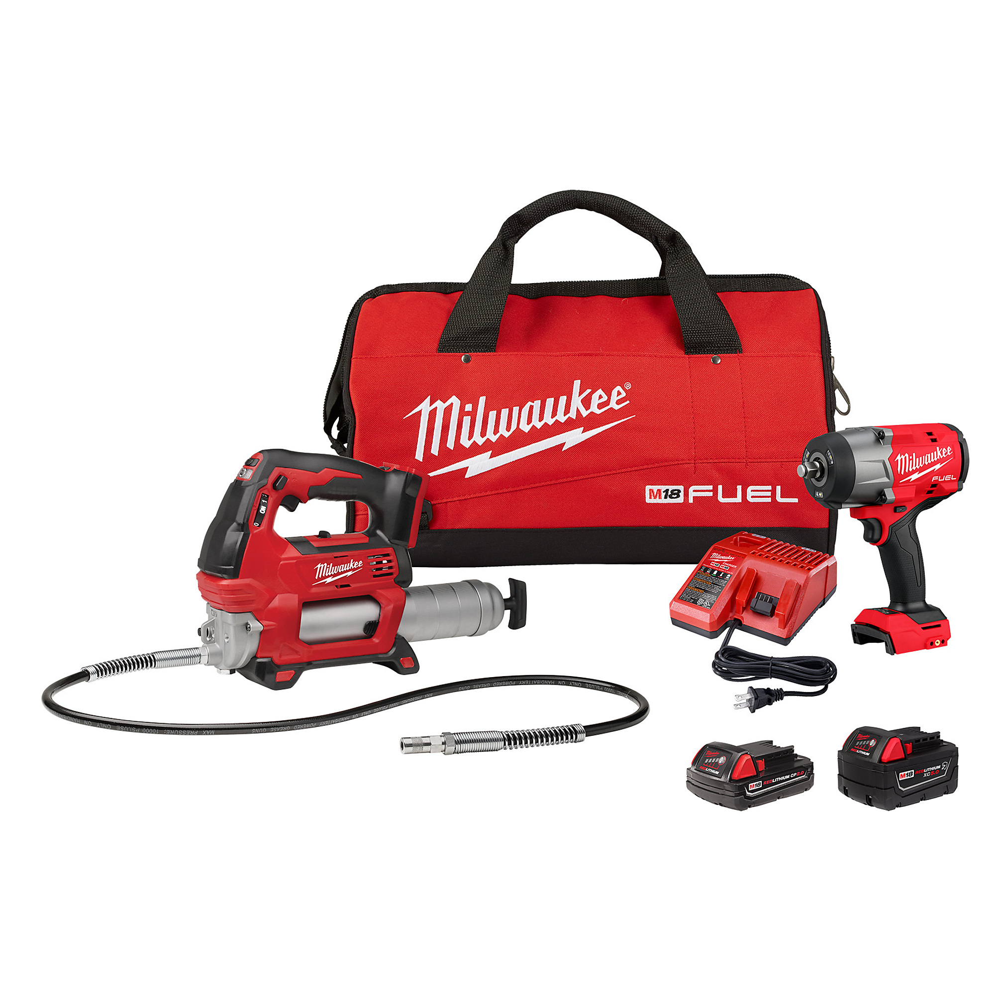 Milwaukee M18 FUEL High Torque Impact Wrench with Friction Ring Grease Gun Combo Kit, Model# 2967-22GG